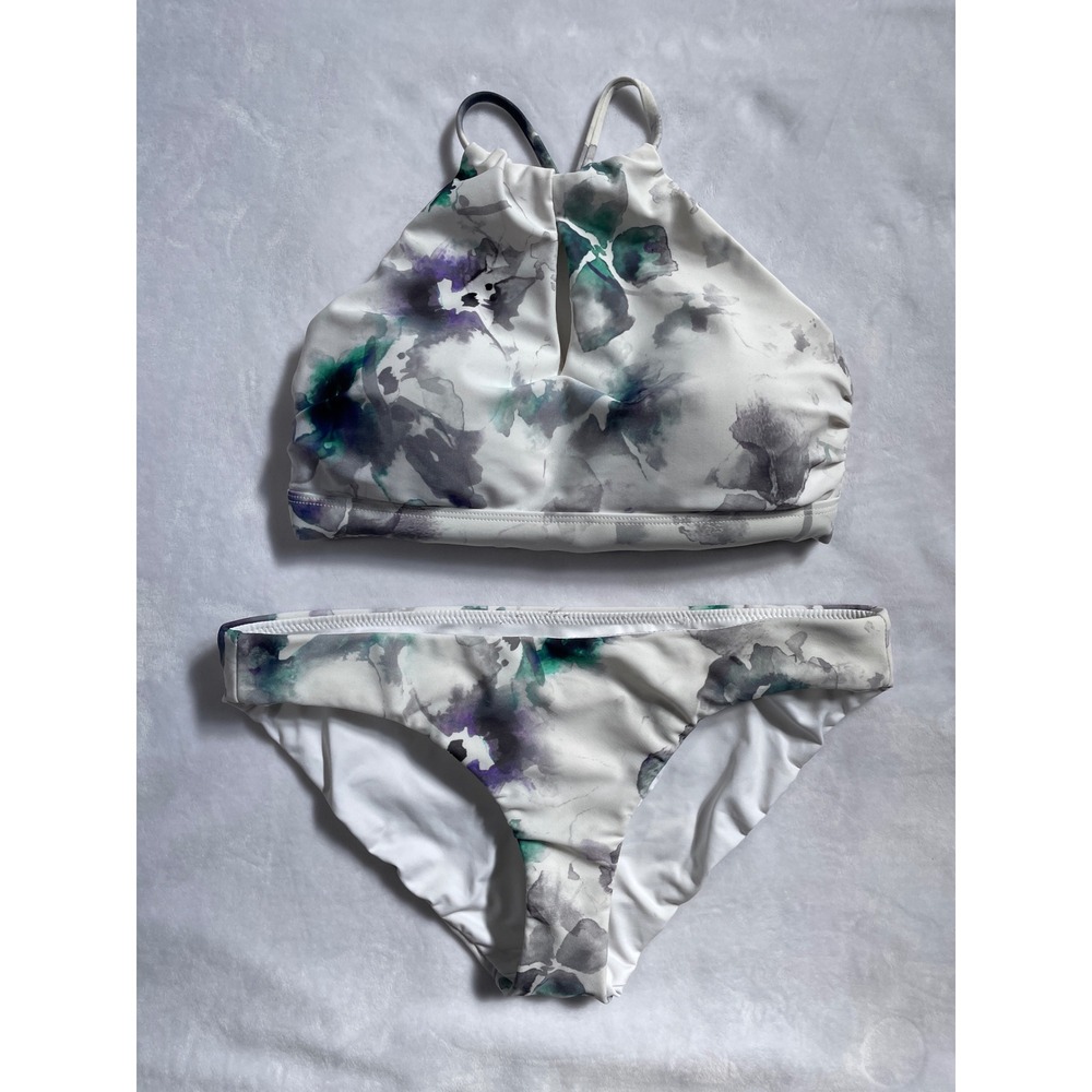 Athleta Watercolor Floral High Neck Bikini Set White Purple Teal Small